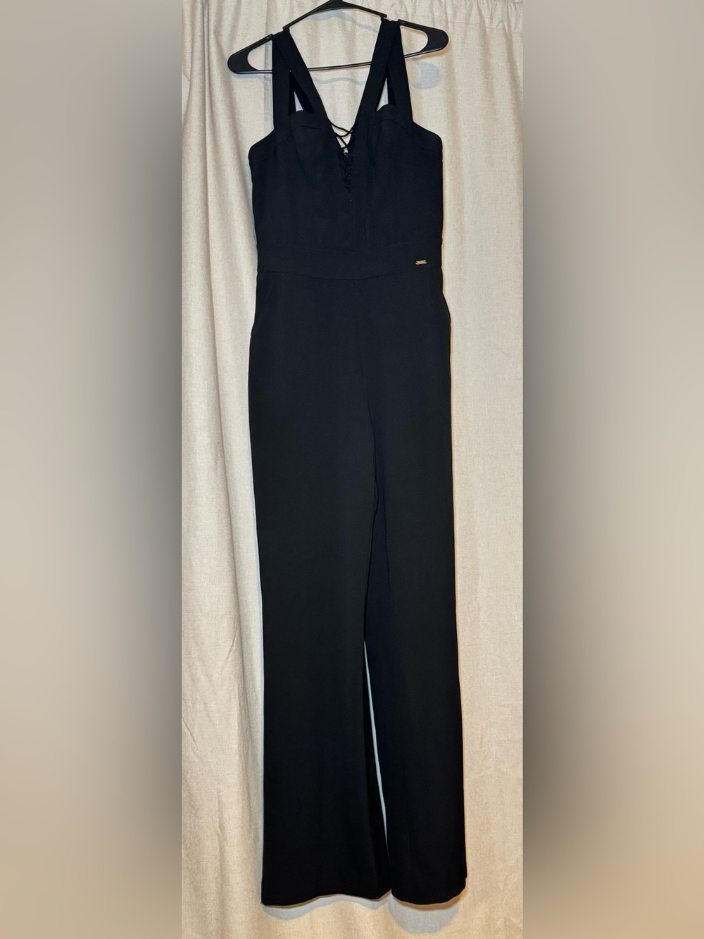 bebe Black Wide-Leg Jumpsuit with Lace-Up V-Neck
